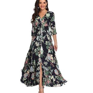Women Button Up Split Long Flowy Floral Maxi Dress